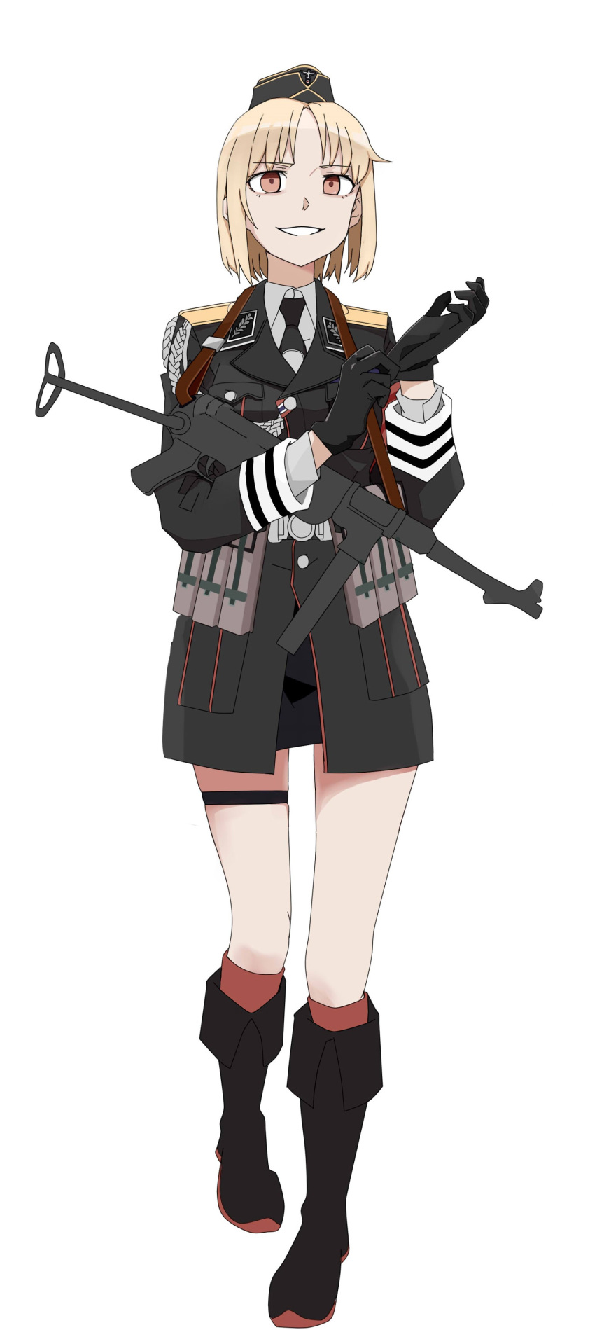 1girl absurdres aiguillette bangs belt black_footwear black_headwear black_jacket black_neckwear black_skirt blonde_hair boots brown_eyes commentary_request dress_shirt eyebrows_visible_through_hair garrison_cap german_clothes girls_frontline glove_pull gloves grey_shirt grin gun hat highres holding holding_gun holding_weapon insignia jacket knee_boots long_sleeves looking_at_viewer military military_hat military_uniform miniskirt mp40 mp40_(girls_frontline) necktie pencil_skirt perfect_han pouch red_legwear shirt short_hair simple_background skirt smile socks solo standing submachine_gun thigh_strap uniform weapon white_background white_belt wing_collar