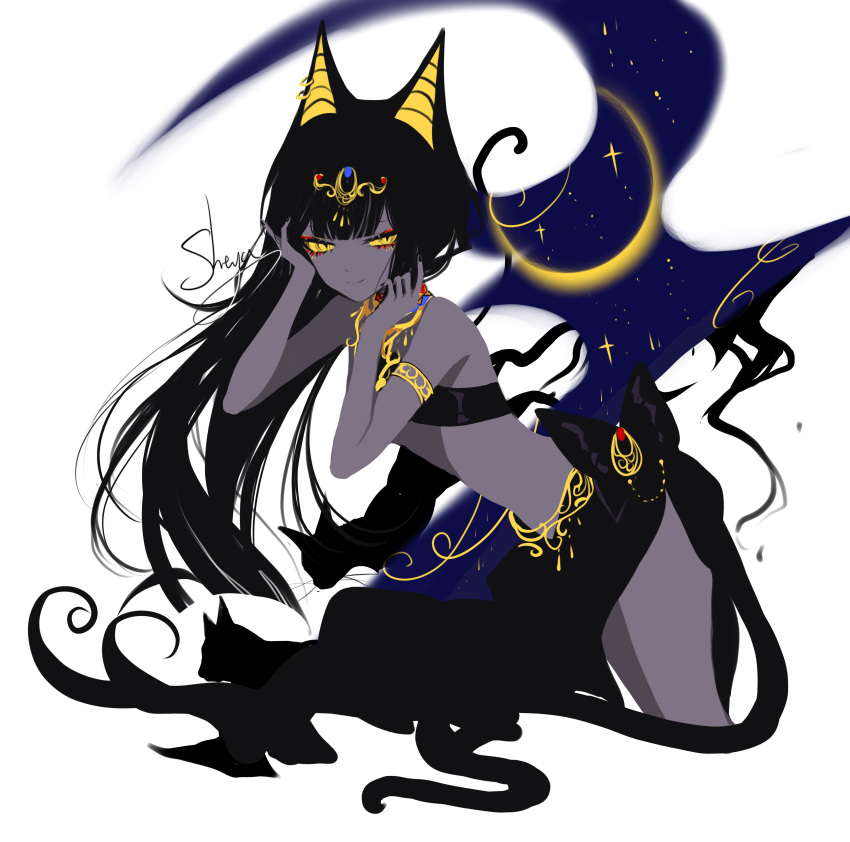 1girl absurdres animal_ears armlet artist_name bandeau black_hair cat_ears commentary_request earrings egyptian egyptian_clothes hand_in_hair hands_up headpiece highres jewelry long_hair original sarong sheya signature simple_background solo thighs white_background yellow_eyes