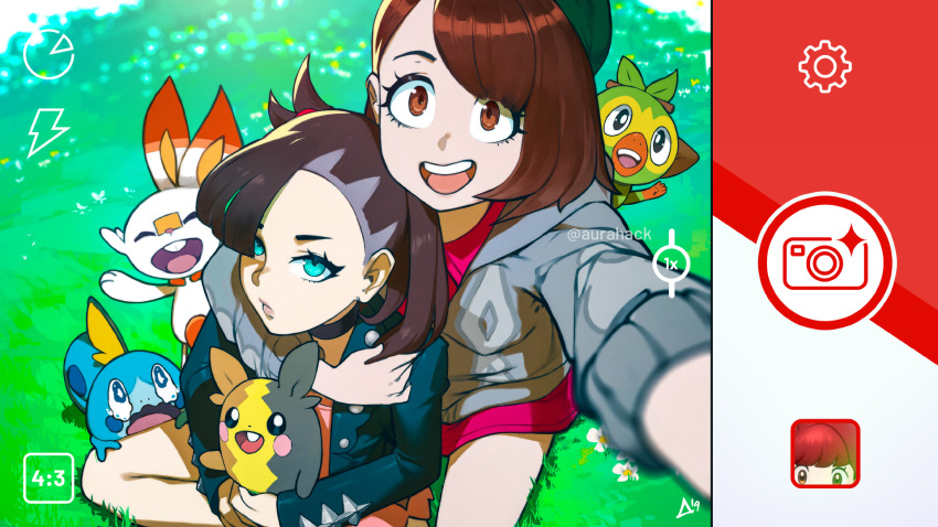 2girls 4others arms_around_neck asymmetrical_hair aurahack bangs black_choker blue_eyes bob_cut brown_eyes brown_hair choker day dress expressionless field forehead fringe_trim green_headwear grey_cardigan grookey highres holding holding_pokemon hug hug_from_behind jacket leather leather_jacket mary_(pokemon) morpeko multiple_girls multiple_others outdoors pink_dress pokemon pokemon_(creature) pokemon_(game) pokemon_swsh scorbunny self_shot short_hair smile sobble swept_bangs tam_o'_shanter undercut yuuri_(pokemon)