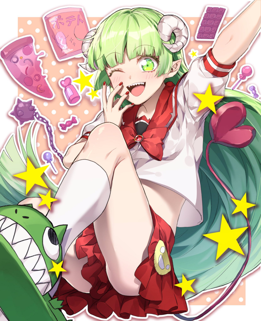 1girl ass babyls_school_uniform bangs blush chocolate commentary_request demon_tail eyebrows_visible_through_hair flail food green_eyes green_footwear green_hair happy heart heart_tail highres horns kneehighs long_hair mairimashita!_iruma-kun morning_star nanin one_eye_closed pizza pocket pointy_ears red_nails red_skirt school_uniform sharp_teeth shirt short_sleeves skirt solo tail teeth valac_clara weapon white_legwear white_shirt