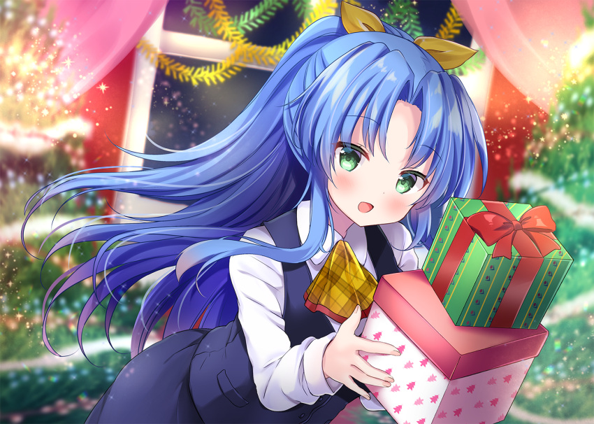 1girl :d bangs black_skirt black_vest blue_hair blurry blurry_background blush box christmas christmas_ornaments christmas_tree collared_shirt commentary_request depth_of_field eyebrows_visible_through_hair gift gift_box green_eyes holding holding_gift indoors long_hair long_sleeves looking_at_viewer masayo_(gin_no_ame) open_mouth original parted_bangs plaid_neckwear ponytail shirt skirt smile solo uniform very_long_hair vest white_shirt window yellow_neckwear