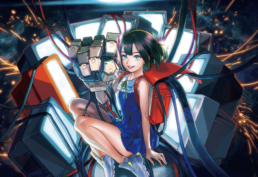 1girl black_hair blue_eyes computer crt dress ei_todo flat_chest highres legs lips monitor original power_strip shoes short_hair sneakers television