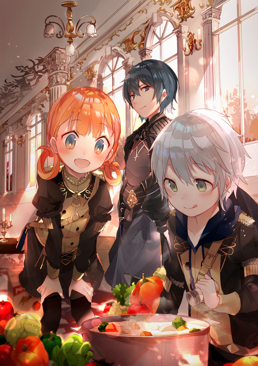 +_+ :d absurdres amafuyu annette_fantine_dominic ashe_ubert bangs black_hair black_legwear black_skirt blue_eyes blush brown_jacket byleth_(fire_emblem) byleth_eisner_(male) candle chandelier closed_mouth commentary_request cooking eyebrows_visible_through_hair fire_emblem fire_emblem:_three_houses freckles garreg_mach_monastery_uniform green_eyes grey_hair grey_skirt hair_between_eyes hair_rings hands_on_own_thighs highres holding indoors jacket leaning_forward lettuce long_sleeves open_mouth orange_hair pantyhose pillow pot puffy_short_sleeves puffy_sleeves short_over_long_sleeves short_sleeves skirt smile tongue tongue_out violet_eyes window