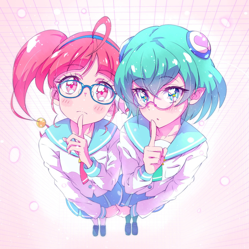 2girls :o ahoge antennae aqua_hair aqua_legwear bangs blue-framed_eyewear blue_hairband blue_sailor_collar blue_skirt blunt_bangs blush closed_mouth collarbone commentary_request eyebrows_visible_through_hair finger_to_mouth foreshortening from_above frown full_body glasses green_neckwear hagoromo_lala hair_between_eyes hair_ornament hairband heart heart_hair_ornament highres holding_hands hoshina_hikaru index_finger_raised kyoutsuugengo loafers long_sleeves looking_at_viewer looking_up mihoshi_middle_school_uniform multiple_girls necktie open_mouth pantyhose perspective pince-nez pink-framed_eyewear pink_hair pink_neckwear pleated_skirt pointy_ears precure round_eyewear sailor_collar school_uniform serafuku shirt shoes short_hair shushing skirt star star-shaped_pupils star_in_eye star_twinkle_precure symbol-shaped_pupils symbol_in_eye twintails white_legwear