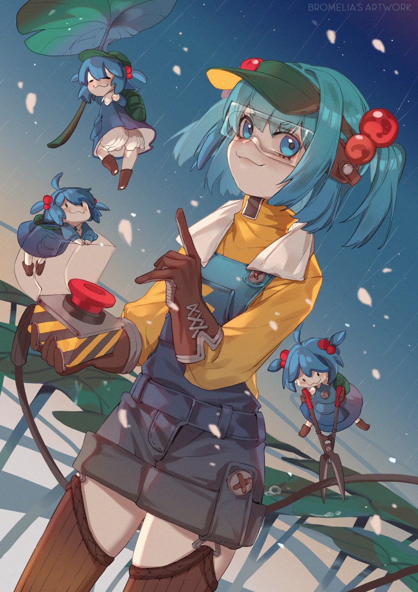 1girl :3 absurdres ahoge bloomers blue_dress blue_eyes blue_hair blue_sky brown_footwear brown_gloves brown_legwear buttons dress gloves green_backpack green_headwear hair_bobbles hair_ornament highres kappa kawashiro_nitori lily_pad long_sleeves minigirl outdoors overalls pale_skin penzai_fengli rain safety_glasses safety_goggles shirt shorts sky smile standing touhou two_side_up underwear visor_cap watermark wire wire_cutters yellow_shirt