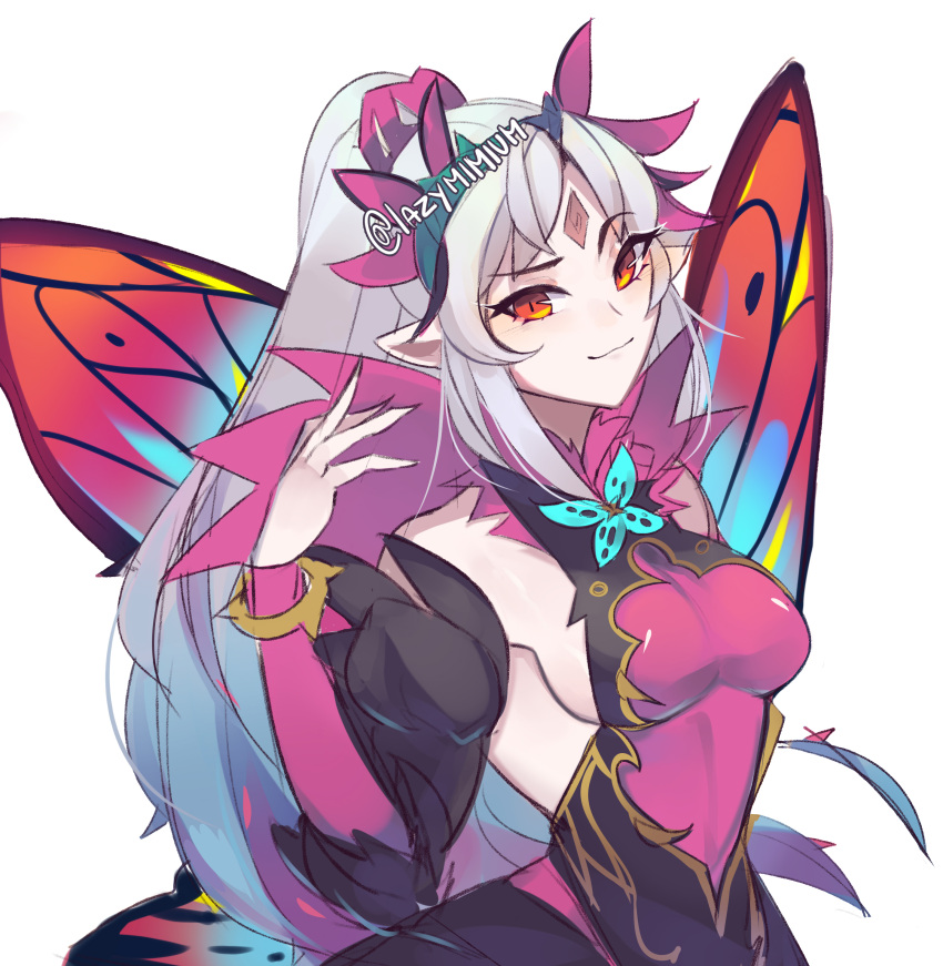 1girl absurdres blue_hair breasts closed_mouth fairy_wings fire_emblem fire_emblem_heroes grey_hair highres lazymimium long_hair multicolored_hair plumeria_(fire_emblem) pointy_ears ponytail red_eyes sideboob simple_background solo twitter_username upper_body white_background wings