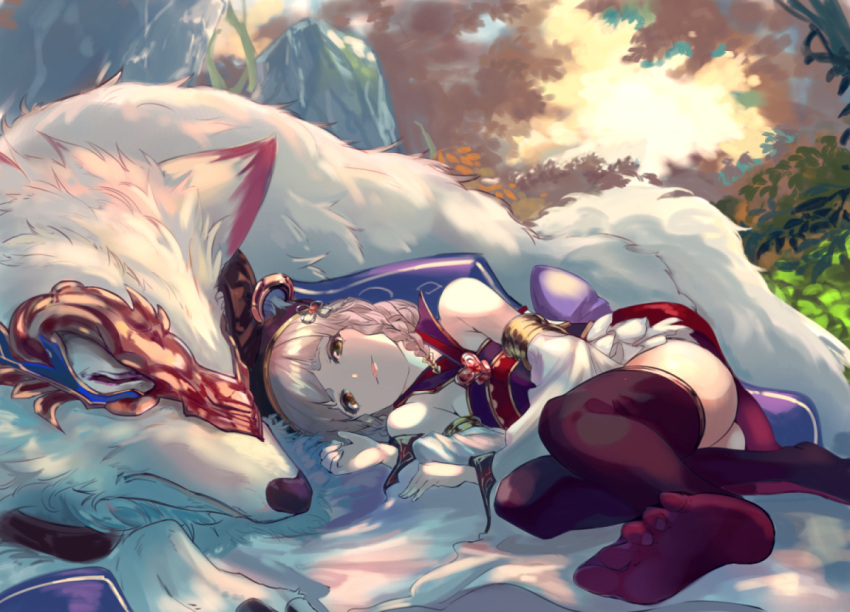 1girl bangs bare_shoulders beret black_headwear blunt_bangs braid brown_eyes closed_eyes detached_sleeves feet granblue_fantasy hair_ornament hakutaku_(granblue_fantasy) hat lying multiple_braids no_shoes nos on_side pholia short_eyebrows silver_hair thick_eyebrows thigh-highs white_wolf wolf