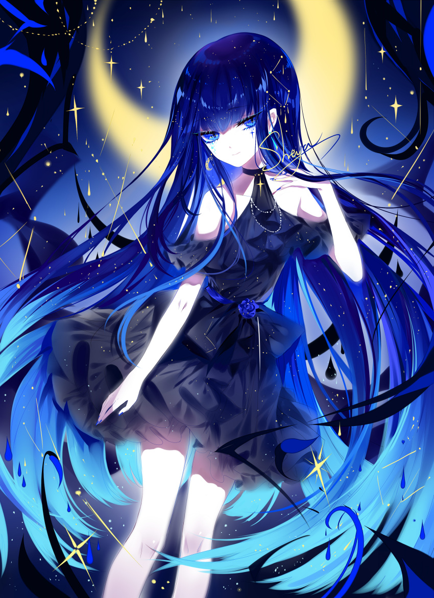 1girl absurdres artist_name bangs bare_shoulders black_dress blue_eyes blue_hair blue_nails crescent_moon dress feet_out_of_frame hand_up highres long_hair looking_at_viewer moon nail_polish original sheya short_dress shoulder_cutout signature smile solo standing very_long_hair