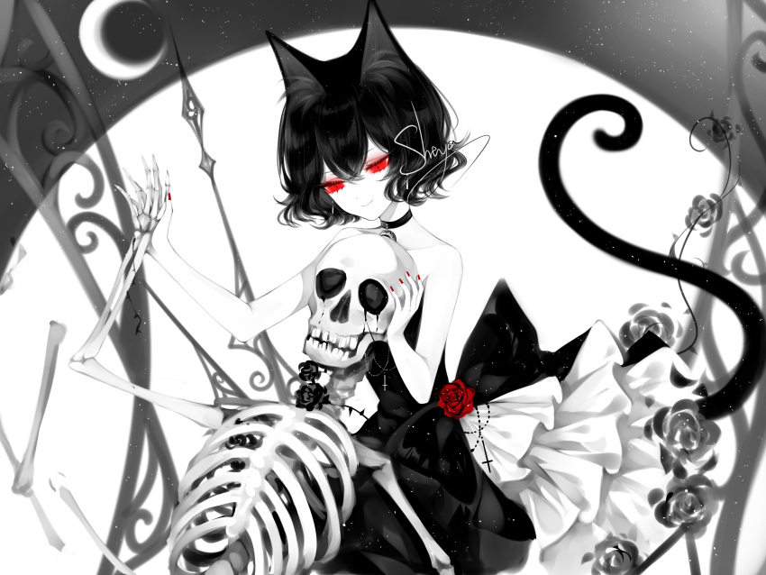 1girl absurdres animal_ears artist_name bangs black_choker black_dress black_hair cat_ears cat_tail choker cowboy_shot dress hair_between_eyes highres limited_palette nail_polish original red_eyes red_nails sheya short_hair signature skeleton smile solo spot_color strapless strapless_dress tail