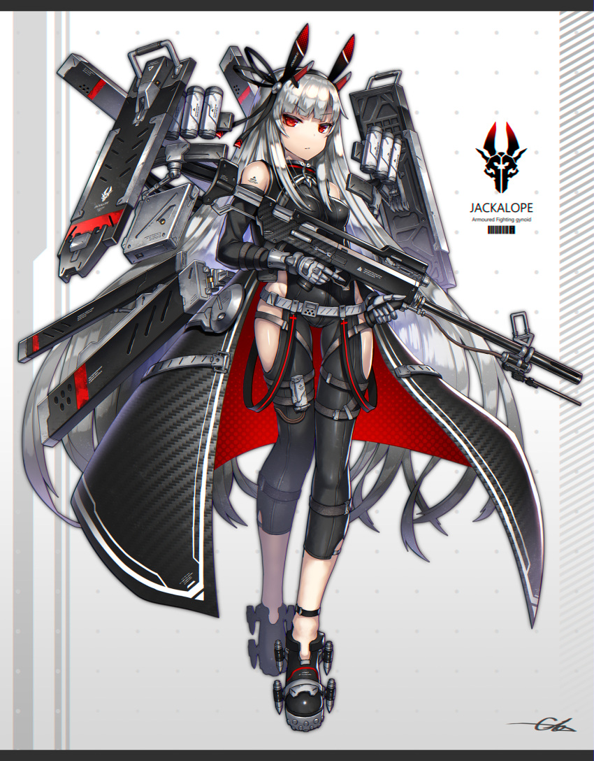 1girl bangs blunt_bangs breasts commentary_request detached_sleeves english_text eyebrows_visible_through_hair full_body gia gun hair_ornament headgear highres hip_vent holding holding_gun holding_weapon leg_strap long_coat long_hair looking_at_viewer mechanical_hands original red_eyes signature silver_hair simple_background small_breasts solo very_long_hair weapon