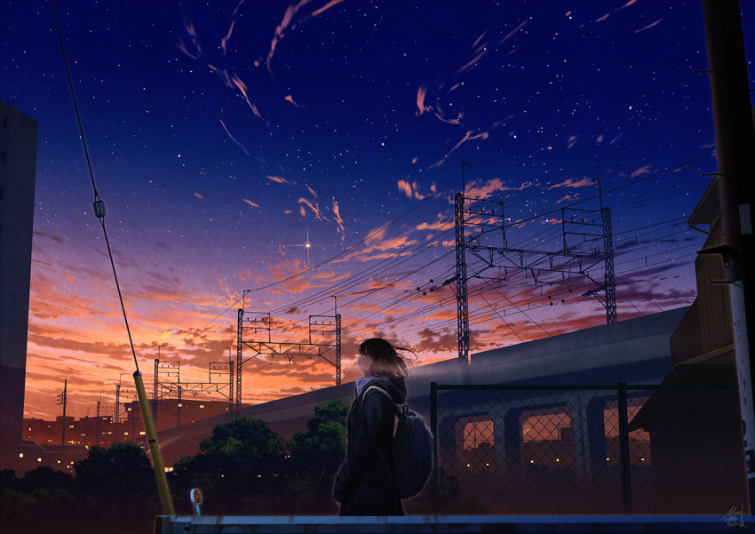 1girl backpack bag black_hair black_jacket breath bridge building bush chain-link_fence clouds commentary_request fence gradient_sky hood hood_down hooded_jacket jacket looking_away looking_up mocha_(cotton) original outdoors power_lines profile railing scenery sky solo standing star_(sky) starry_sky sunset