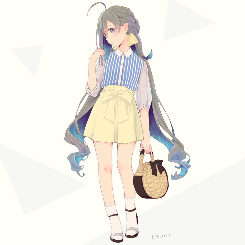 1girl ahoge alternate_costume bag blouse colis full_body grey_eyes grey_hair hair_between_eyes kantai_collection kiyoshimo_(kantai_collection) long_hair looking_at_viewer low_twintails open_toe_shoes skirt socks solo striped_blouse triangle twintails twitter_username very_long_hair white_background white_legwear yellow_skirt