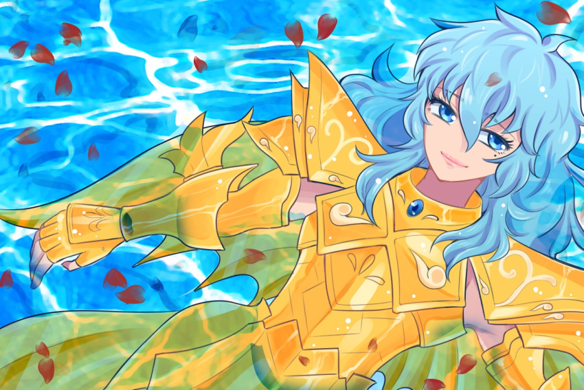 1boy androgynous anon_(artist) armor blue_eyes blue_hair floating floating_hair lipstick long_hair looking_at_viewer male mole mole_under_eye pisces_aphrodite rose_petals saint_seiya water