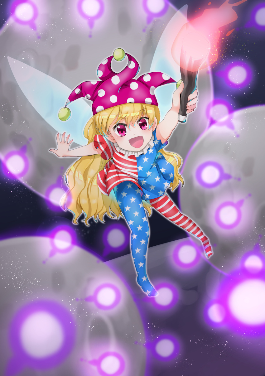 1girl :d absurdres american_flag_legwear american_flag_shirt arm_behind_back arms_up black_background blonde_hair clownpiece commentary_request danmaku eyebrows_visible_through_hair fairy_wings floating foreshortening hat highres holding_torch jester_cap kanonari light_particles long_hair looking_at_viewer moon open_mouth outstretched_arms partial_commentary polka_dot_hat purple_headwear red_eyes smile solo spread_arms torch touhou very_long_hair wings