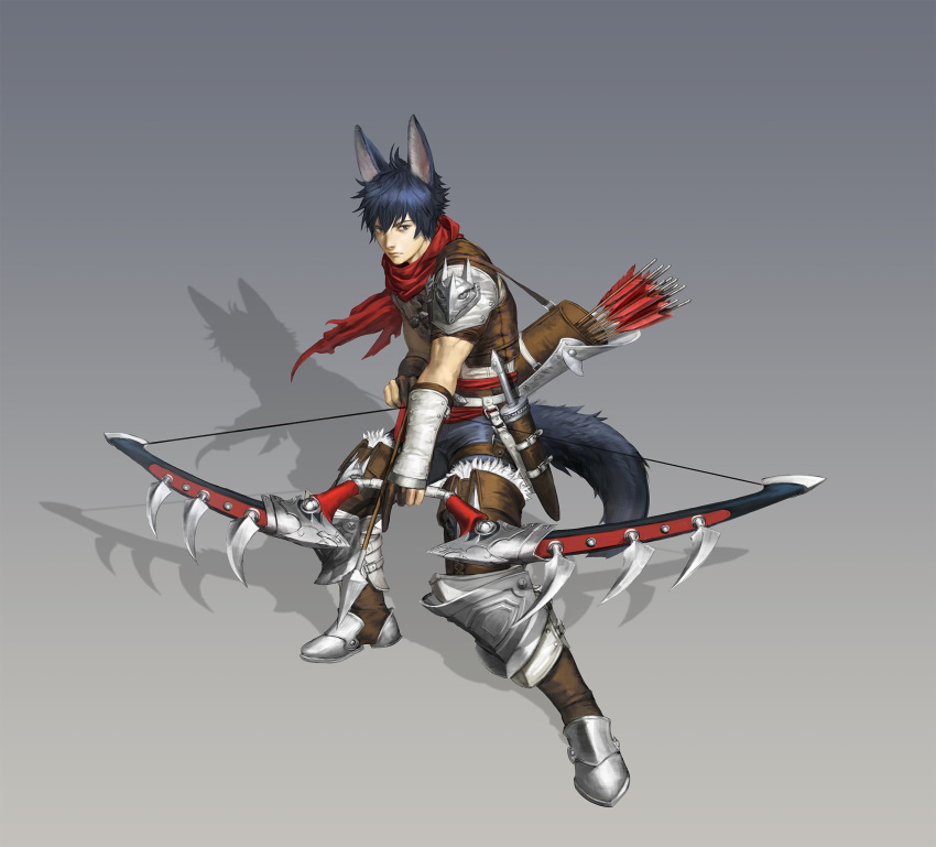 1boy animal_ears armor arrow belt blue_hair boots bow_(weapon) bracer brown_footwear drawing_bow fox_ears fox_tail full_body grey_background highres kkulppangg knife male_focus original quiver red_scarf scarf shadow sheath sheathed shorts shoulder_armor standing tail thigh-highs thigh_boots weapon