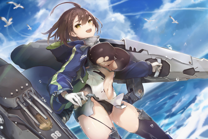1girl :d ahoge azur_lane baltimore_(azur_lane) bird black_legwear braid breasts brown_hair cannon center_opening clouds covered_nipples cruel_gz day gloves highres holding hood hood_down large_breasts long_sleeves looking_at_viewer machinery navel ocean open_mouth outdoors short_hair shrug_(clothing) smile solo stomach thigh-highs thighs torn_clothes turret water white_gloves yellow_eyes