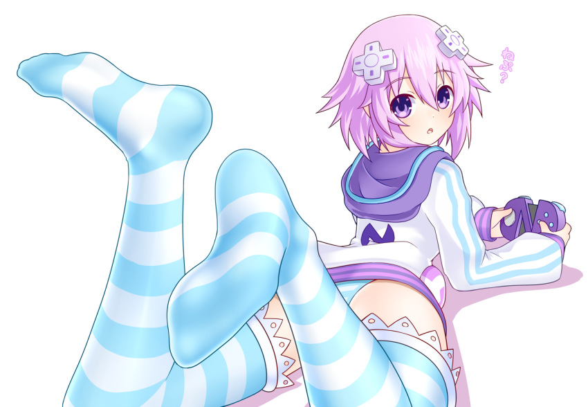 1girl barefoot bed bed_sheet choujigen_game_neptune d-pad d-pad_hair_ornament feet hair_ornament legs_up leo_2 looking_at_viewer looking_back lying neptune_(series) no_shoes on_bed on_stomach personification pillow pov_feet power_symbol soles solo striped striped_legwear the_pose