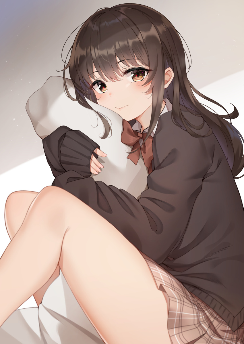 1girl absurdres black_sweater bow bowtie brown_eyes brown_hair brown_skirt closed_mouth highres knees_up long_hair long_sleeves looking_at_viewer miniskirt original pillow pillow_hug pleated_skirt school_uniform sidelocks sitting skirt solo sunhyun sweater thighs undershirt