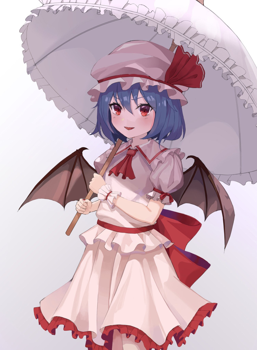 1girl arms_up bat_wings blue_hair blush commentary cowboy_shot cravat eyebrows_visible_through_hair fang frilled_skirt frills gradient gradient_background grey_background hair_between_eyes hat hat_ribbon highres holding holding_umbrella looking_at_viewer mob_cap open_mouth pink_shirt pink_skirt puffy_short_sleeves puffy_sleeves red_eyes red_neckwear remilia_scarlet ribbon shirt short_hair short_sleeves simple_background skin_fang skirt skirt_set smile solo standing tem touhou umbrella wings wrist_cuffs