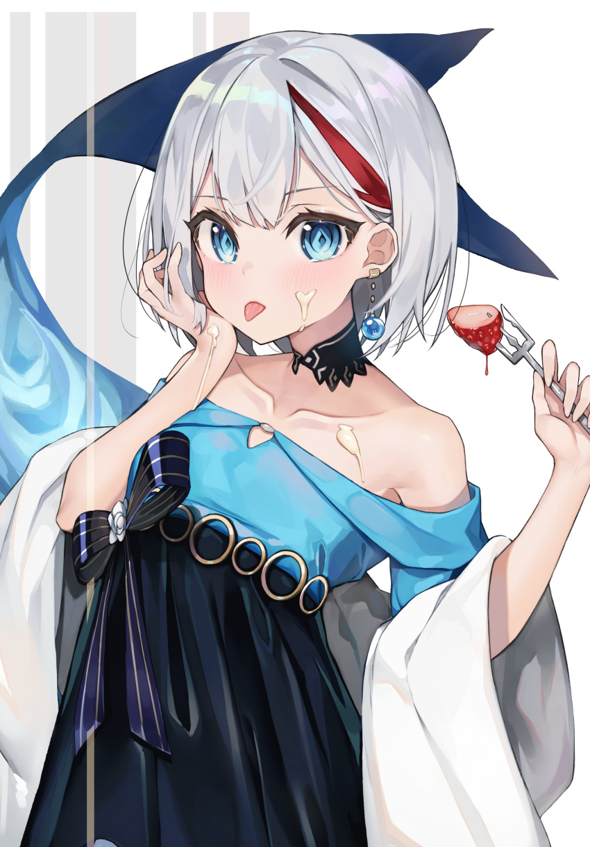 1girl absurdres admiral_graf_spee_(a_novel_anniversary)_(azur_lane) admiral_graf_spee_(azur_lane) azur_lane bangs bare_shoulders blue_dress blue_eyes blush choker closed_mouth collarbone dress evening_gown food food_on_body food_on_face fork fruit highres holding holding_fork licking_self looking_at_viewer multicolored_hair shark_tail shawl short_hair sidelocks solo standing strapless strapless_dress strawberry streaked_hair tongue tongue_out upper_body whipped_cream white_hair yayoichi_(yoruyoru108)