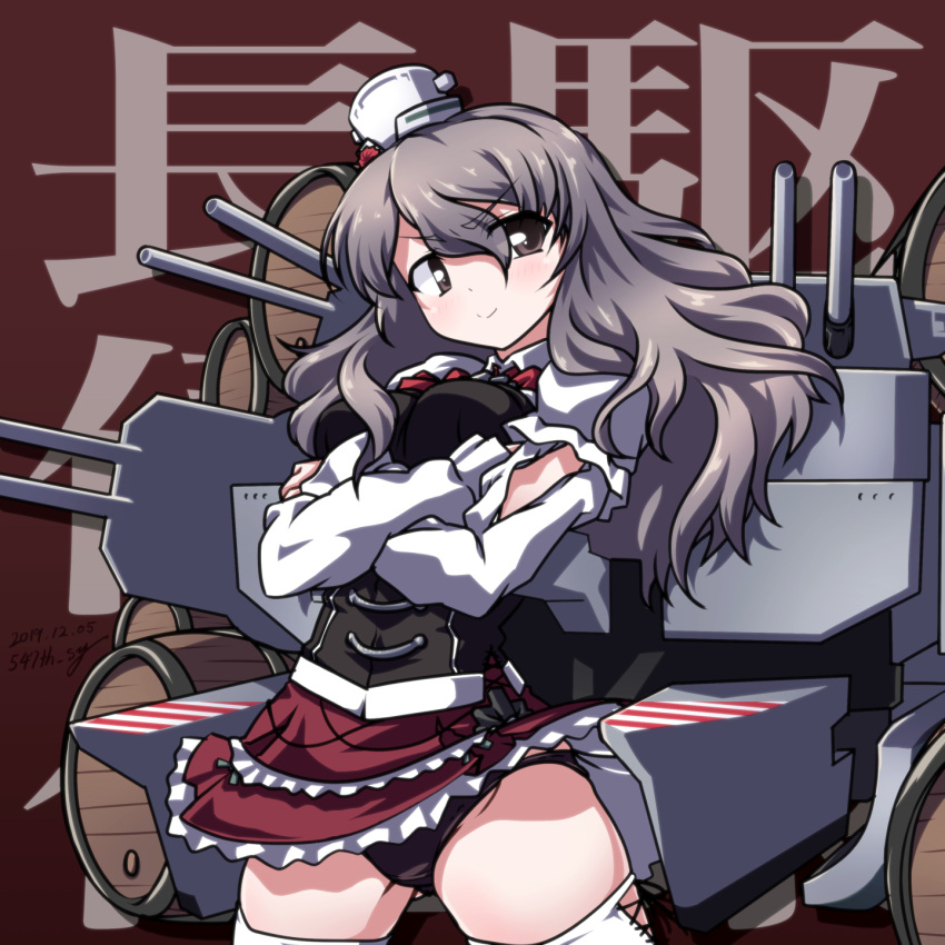 1girl 547th_sy alcohol anchor background_text barrel black_panties bow bowtie breasts brown_background brown_eyes cannon corset crossed_arms dated drunk eyebrows_visible_through_hair grey_hair hair_between_eyes hat highres kantai_collection long_sleeves looking_at_viewer machinery medium_breasts mini_hat miniskirt panties pola_(kantai_collection) red_skirt rigging shirt skirt solo thick_eyebrows thigh-highs tilted_headwear turret underwear wavy_hair white_legwear white_shirt wine