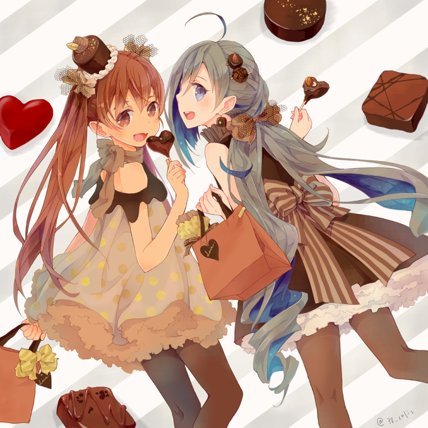 2girls ahoge alternate_costume bag black_dress brown_eyes brown_hair brown_legwear candy chocolate colis dress fang feet_out_of_frame food frilled_dress frills from_behind grey_eyes grey_hair hair_between_eyes hair_bun hair_ornament hair_ribbon hat heart kantai_collection kiyoshimo_(kantai_collection) libeccio_(kantai_collection) lollipop long_hair looking_at_viewer looking_back low_twintails mini_hat multiple_girls open_mouth pantyhose petticoat polka_dot polka_dot_dress ribbon smile striped striped_background tan twintails