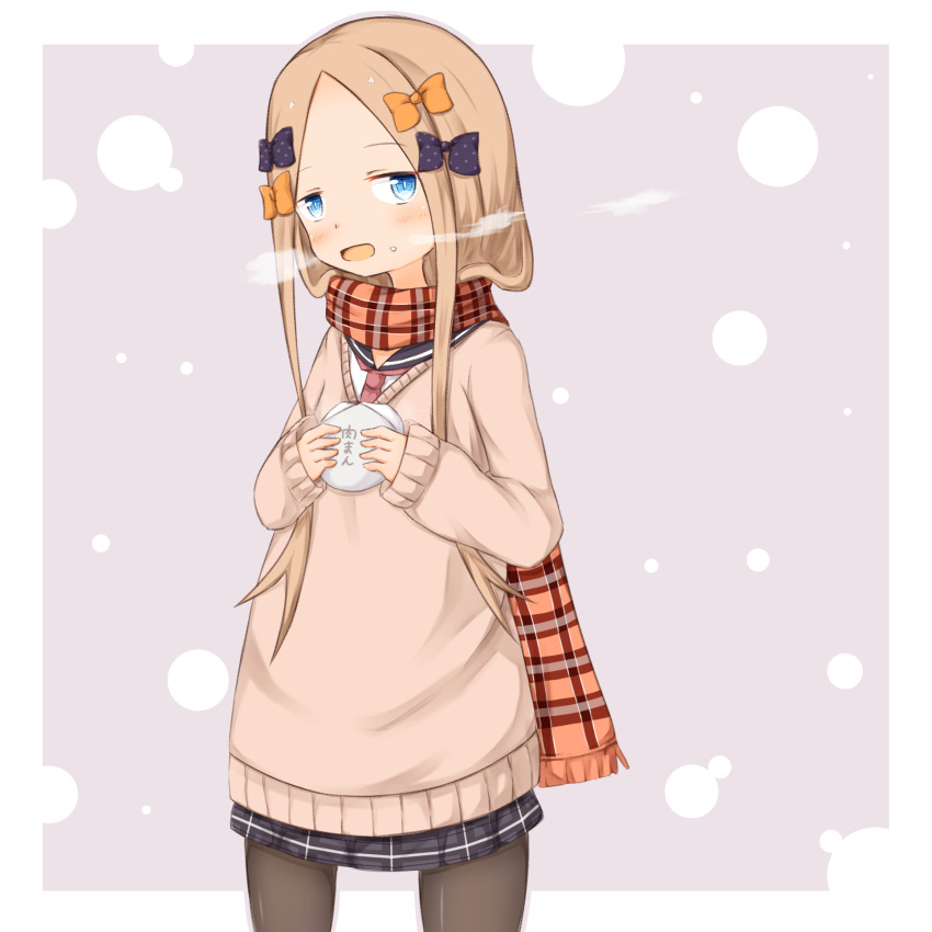 1girl :d abigail_williams_(fate/grand_order) alternate_costume bangs baozi black_bow black_sailor_collar black_skirt blue_eyes blush bow breath brown_background brown_legwear brown_scarf brown_sweater commentary_request enpera eyebrows_visible_through_hair fate/grand_order fate_(series) food food_on_face forehead fringe_trim hair_bow highres holding holding_food light_brown_hair long_hair long_sleeves looking_at_viewer open_mouth orange_bow pantyhose parted_bangs plaid plaid_scarf plaid_skirt polka_dot polka_dot_bow red_neckwear sailor_collar scarf school_uniform serafuku shirt skirt sleeves_past_wrists smile solo su_guryu sweater two-tone_background very_long_hair white_background white_shirt