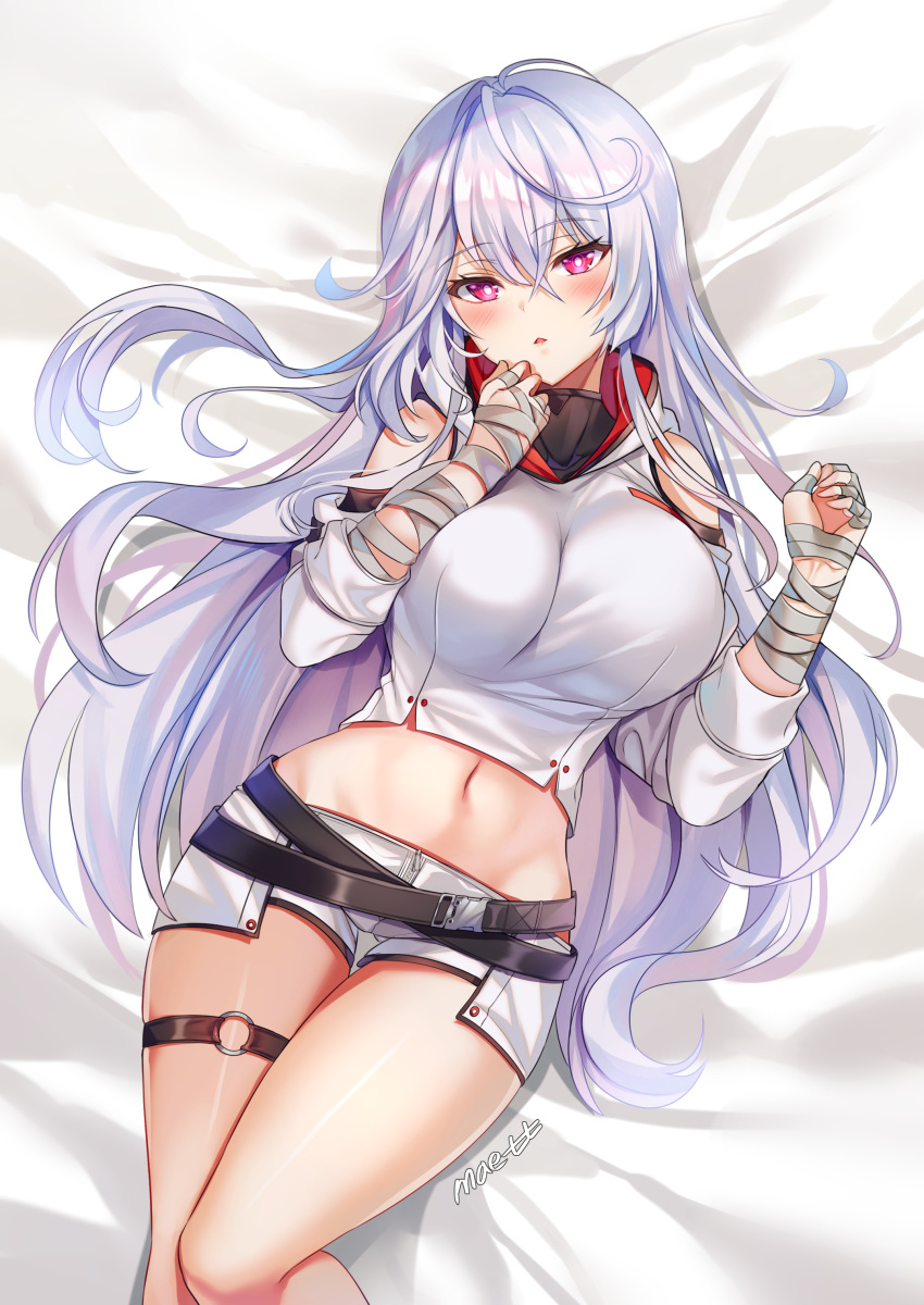 1girl absurdres artist_name bandaged_hands bandages bangs bed_sheet belt breasts closers crop_top hands_up highres hood hood_down hooded_shirt large_breasts long_hair looking_at_viewer lying maett midriff mirae_(closers) navel on_back parted_lips red_eyes shirt short_shorts shorts shoulder_cutout silver_hair solo symbol-shaped_pupils thigh_strap thighs turtleneck very_long_hair white_shirt white_shorts