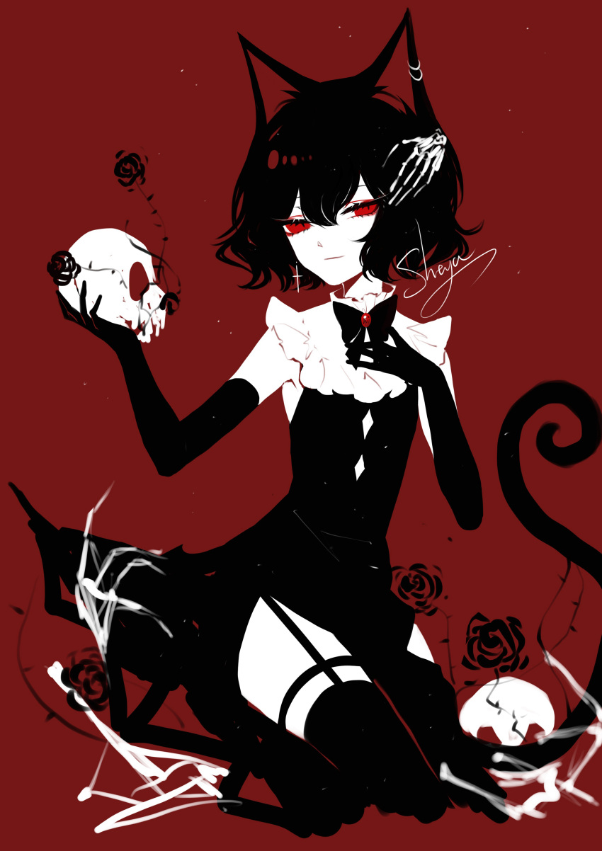 1girl absurdres artist_name bare_shoulders black_bow black_dress black_hair black_legwear black_neckwear bow bowtie cat_tail dress earrings frilled_shirt_collar frills garter_straps hand_on_own_chest hands_up highres holding holding_skull jewelry limited_palette original red_background red_eyes sheya short_hair signature simple_background skull solo tail thigh-highs