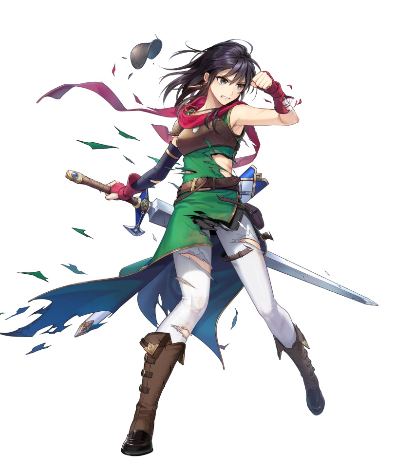 1girl armor bangs belt belt_pouch black_hair boots breastplate brown_footwear dress earrings fingerless_gloves fire_emblem fire_emblem:_thracia_776 fire_emblem_heroes full_body gloves green_dress highres jewelry mareeta_(fire_emblem) official_art pants pouch red_scarf scarf shiny shiny_hair shoulder_armor sleeveless solo standing sword thigh_strap transparent_background weapon white_pants