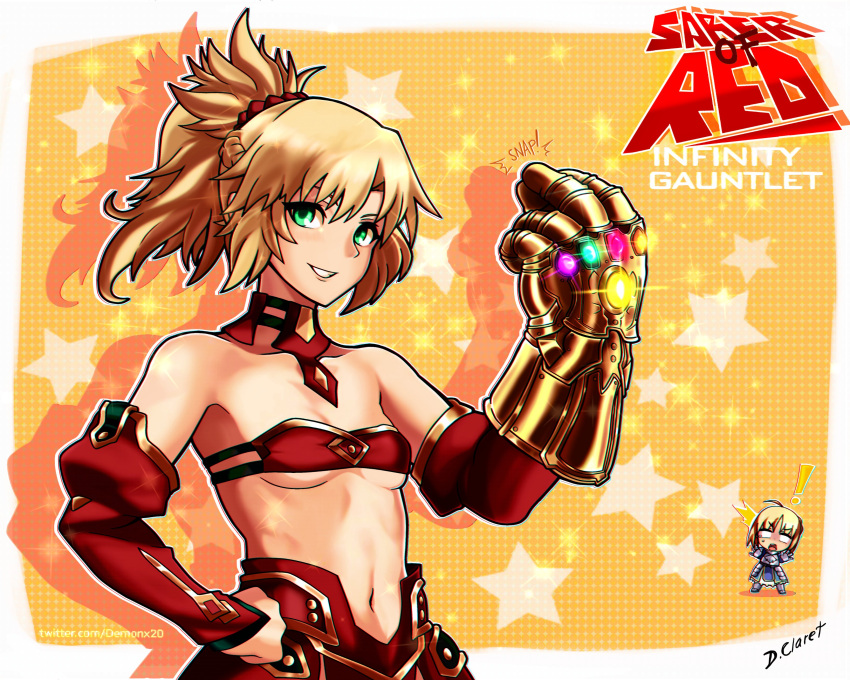absurdres artoria_pendragon_(all) bangs bare_shoulders blonde_hair braid breasts character_name chibi demonx20 fate/apocrypha fate/grand_order fate_(series) green_eyes hair_ornament highres infinity_gauntlet infinity_gems long_hair looking_at_viewer mordred_(fate) mordred_(fate)_(all) navel parody ponytail red_scrunchie scrunchie smile snapping_fingers star thanos