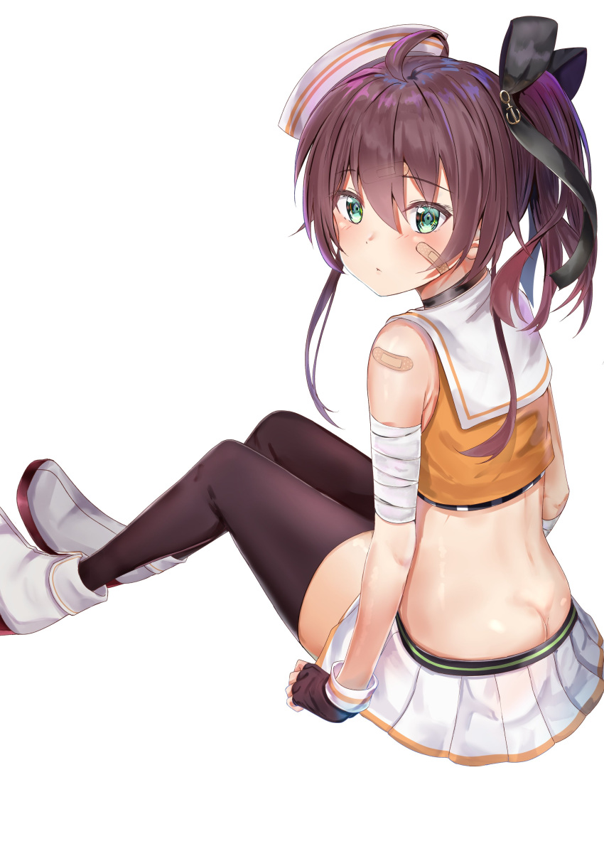 1girl absurdres ahoge anchor_hair_ornament ass azur_lane back bandages bandaid bandaid_on_face black_gloves black_legwear black_ribbon blue_eyes blush brown_hair butt_crack closed_mouth crop_top fingerless_gloves from_behind full_body gloves hair_between_eyes hair_ornament hair_ribbon hat highres hololive looking_at_viewer looking_back midriff miniskirt natsuiro_matsuri pleated_skirt ribbon sailor_hat side_ponytail simple_background sitting skirt solo thigh-highs thighs toratora_(nanahaba) virtual_youtuber white_background white_footwear white_headwear white_skirt wrist_cuffs zettai_ryouiki