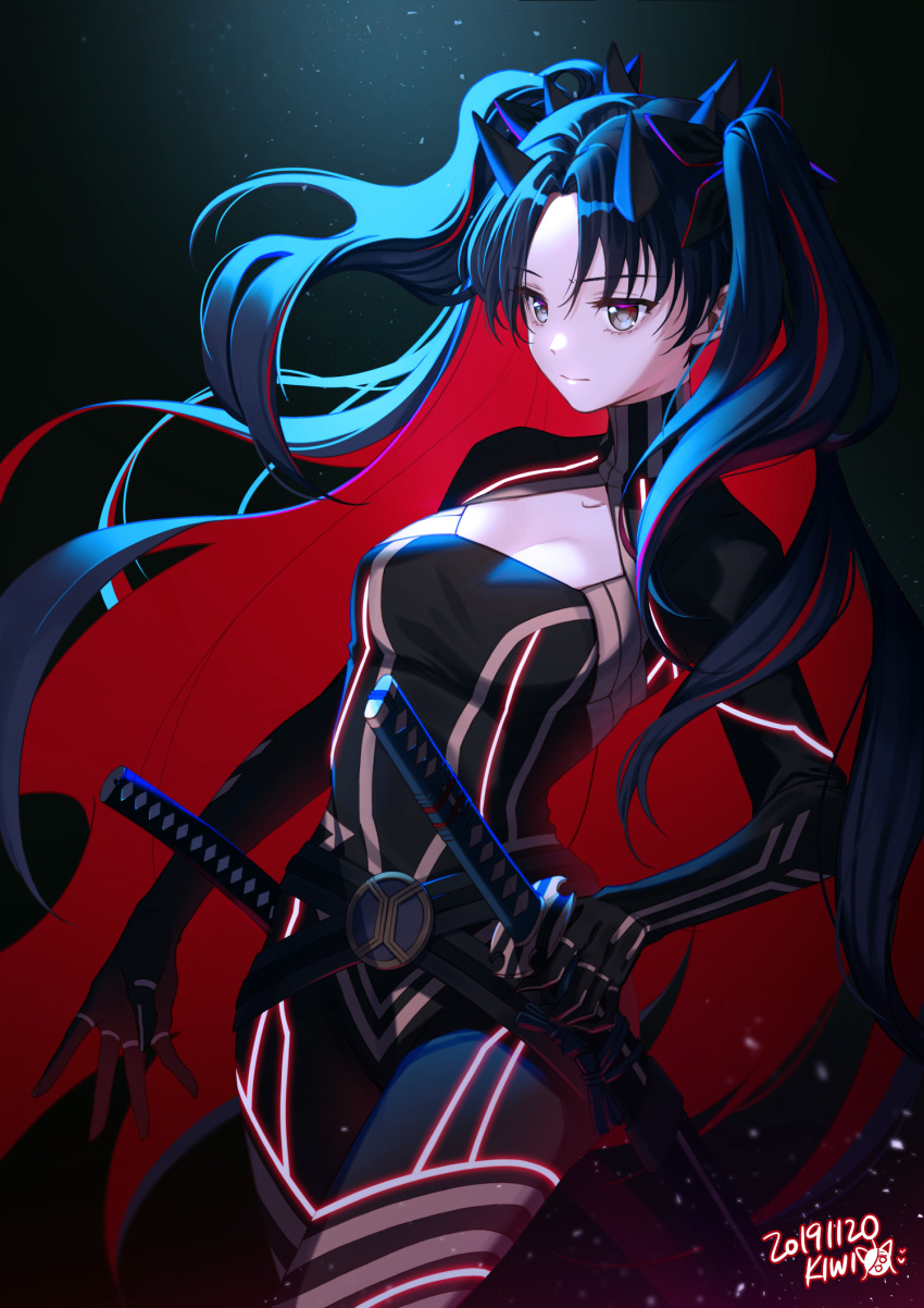 1girl bangs belt black_background black_belt black_bodysuit black_hair bodysuit breasts brown_eyes cleavage_cutout commentary eyebrows_visible_through_hair fate/grand_order fate_(series) highres holding holding_sword holding_weapon horns ishtar_(fate/grand_order) katana kiwi_(pixiv6429539) long_hair multicolored_hair redhead solo space_ishtar_(fate) standing sword toosaka_rin twintails two-tone_hair very_long_hair weapon