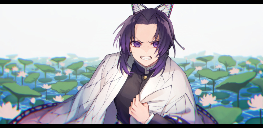 .com_(cu_105) 1girl bangs black_hair black_jacket butterfly_hair_ornament clenched_teeth flower forehead gradient_hair hair_ornament jacket kimetsu_no_yaiba kochou_shinobu letterboxed lily_pad long_sleeves looking_at_viewer lotus multicolored_hair open_clothes parted_bangs purple_hair sidelocks solo teeth upper_body v-shaped_eyebrows violet_eyes water white_background white_flower