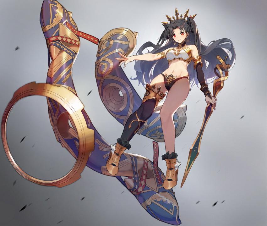 1girl absurdres arm_warmers black_hair black_legwear black_sleeves closed_mouth earrings fate/grand_order fate_(series) floating full_body grey_background heavenly_boat_maanna highres hoop_earrings ishtar_(fate/grand_order) jewelry legs_apart long_hair looking_at_viewer navel red_eyes shoes simple_background single_sleeve single_thighhigh smile solo sunligh_mao thigh-highs toosaka_rin two_side_up