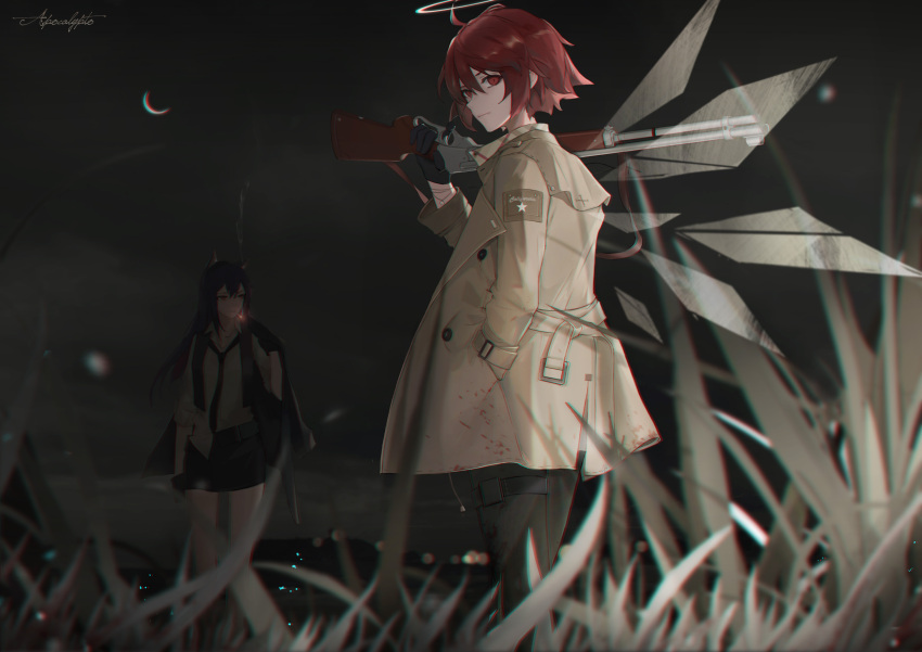 2girls absurdres arknights bangs black_pants black_skirt chinese_commentary cjmy coat commentary_request crescent_moon dark exusiai_(arknights) glowing glowing_wings grass gun hair_between_eyes halo hand_in_pocket highres holding holding_gun holding_weapon lever_action long_hair looking_at_viewer miniskirt moon multiple_girls necktie night open_clothes open_coat outdoors pants red_eyes redhead rifle shirt short_hair shoulder_rest skirt smoke smoking standing texas_(arknights) weapon white_shirt wings yellow_coat
