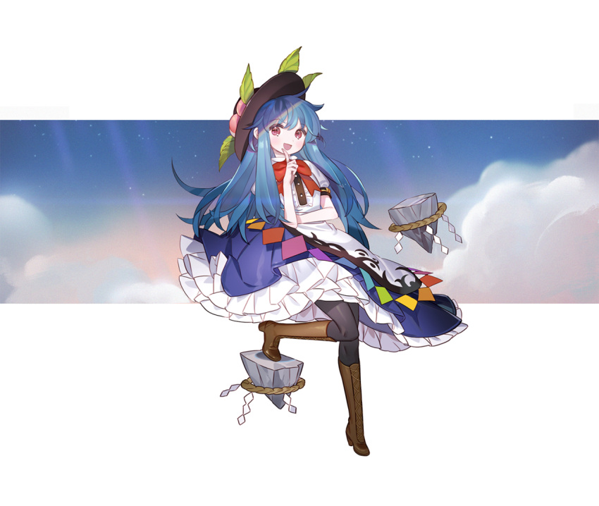 1girl black_headwear black_legwear blue_dress blue_hair blush boots bow bowtie clouds cross-laced_footwear crossed_arms dress eyebrows_visible_through_hair finger_to_mouth food foot_up frilled_dress frills fruit full_body gwayo hair_between_eyes hat_leaf hinanawi_tenshi keystone knee_boots leaf lens_flare long_hair looking_at_viewer open_mouth pantyhose peach puffy_short_sleeves puffy_sleeves rainbow_order red_bow red_eyes rope shide shimenawa shirt short_sleeves sky solo star touhou white_background white_dress white_shirt