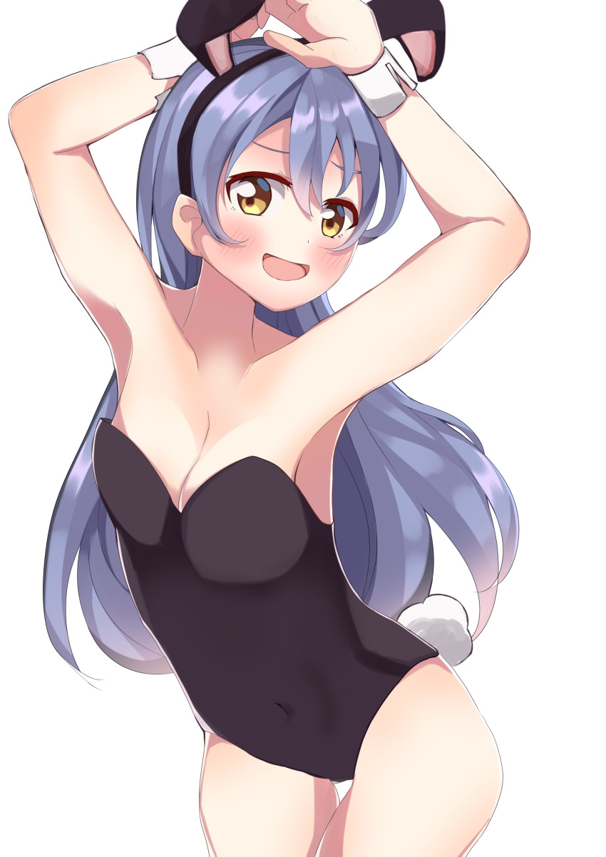 1girl absurdres animal_ears armpits arms_up bangs blue_hair blush bunny_girl bunny_tail bunnysuit commentary_request cowboy_shot fake_animal_ears hair_between_eyes highres long_hair looking_at_viewer love_live! love_live!_school_idol_project nagisa_iori open_mouth rabbit_ears simple_background smile solo sonoda_umi standing tail white_background wrist_cuffs