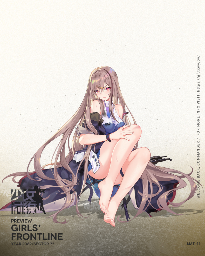 1girl arm_across_waist arm_under_breasts bangs barefoot black_hair blue_dress blue_neckwear blush breasts coat collared_dress cross dress dual_wielding eyebrows_visible_through_hair flower full_body girls_frontline gun highres holding injury light_brown_hair long_hair looking_at_viewer mat-49 mat-49_(girls_frontline) multicolored multicolored_eyes multicolored_hair necktie off_shoulder official_art open_clothes open_coat parted_lips pink_eyes pouch red_flower red_rose rose sidelocks sitting sleeve_cuffs sleeveless sleeveless_dress solo streaked_hair submachine_gun thigh_strap thighs torn_clothes trigger_discipline v-shaped_eyebrows very_long_hair weapon wristband yellow_eyes