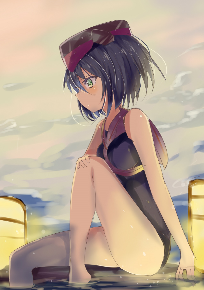 1girl black_hair blush breasts brown_eyes closed_mouth eyebrows_visible_through_hair framed_breasts grey_sky hair_between_eyes hair_ornament hat highres hizaka i-13_(kantai_collection) kantai_collection looking_away one-piece_swimsuit sailor_collar school_swimsuit school_uniform serafuku short_hair solo swimsuit water