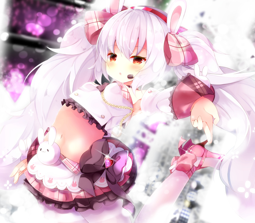 1girl :o absurdres animal_ears armpits azur_lane bangs bare_shoulders blurry blurry_background blush bow breasts commentary_request crop_top depth_of_field detached_sleeves eyebrows_visible_through_hair fuuna_thise hair_between_eyes hair_bow hairband headset high_heels highres laffey_(azur_lane) long_hair long_sleeves midriff navel pantyhose parted_lips pink_bow pink_footwear pink_skirt plaid plaid_bow plaid_skirt pleated_skirt rabbit_ears red_eyes red_hairband shirt shoes silver_hair skirt small_breasts solo twintails very_long_hair white_legwear white_shirt white_sleeves