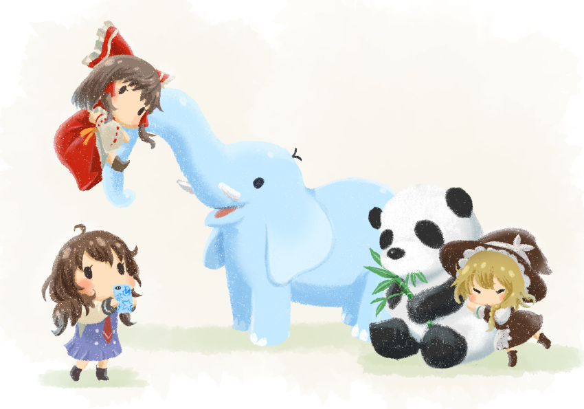 3girls animal apron bamboo black_footwear black_hair black_skirt blonde_hair boots bow braid brown_hair cellphone chamaji chibi closed_eyes commentary_request detached_sleeves eating elephant frilled_bow frills hair_bow hair_tubes hakurei_reimu hat hat_bow highres hug kirisame_marisa medium_hair multiple_girls necktie no_hat no_headwear nontraditional_miko panda phone red_neckwear red_shirt red_skirt ribbon-trimmed_sleeves ribbon_trim shirt side_braid sidelocks single_braid skirt skirt_set sleeveless sleeveless_shirt smartphone touhou usami_sumireko waist_apron white_bow wide_sleeves witch_hat