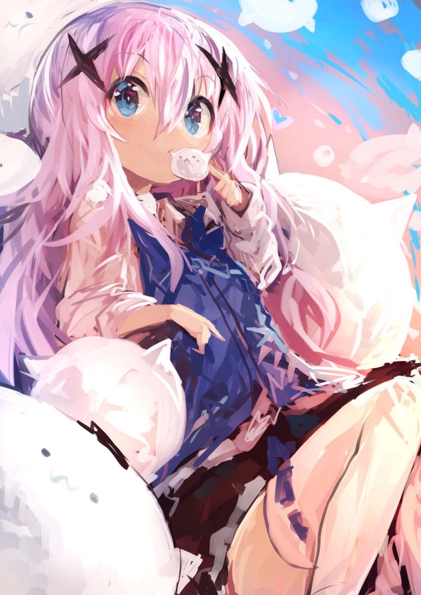 1girl absurdres angora_rabbit animal bangs black_skirt blue_eyes blue_vest blush cat gochuumon_wa_usagi_desu_ka? hair_between_eyes hair_ornament highres kaamin_(mariarose753) kafuu_chino light_blue_hair long_hair rabbit rabbit_house_uniform ribbon-trimmed_legwear ribbon_trim shirt skirt solo thigh-highs tippy_(gochiusa) vest white_legwear x_hair_ornament