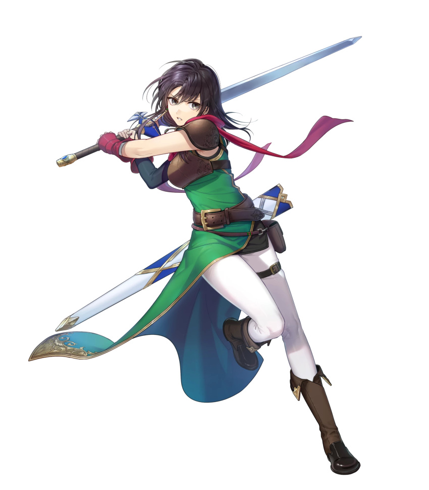 1girl armor bangs belt belt_pouch black_hair boots breastplate brown_footwear dress earrings fingerless_gloves fire_emblem fire_emblem:_thracia_776 fire_emblem_heroes full_body gloves green_dress highres jewelry mareeta_(fire_emblem) official_art pants pouch red_scarf scarf shiny shiny_hair shoulder_armor sleeveless solo standing sword thigh_strap transparent_background weapon white_pants