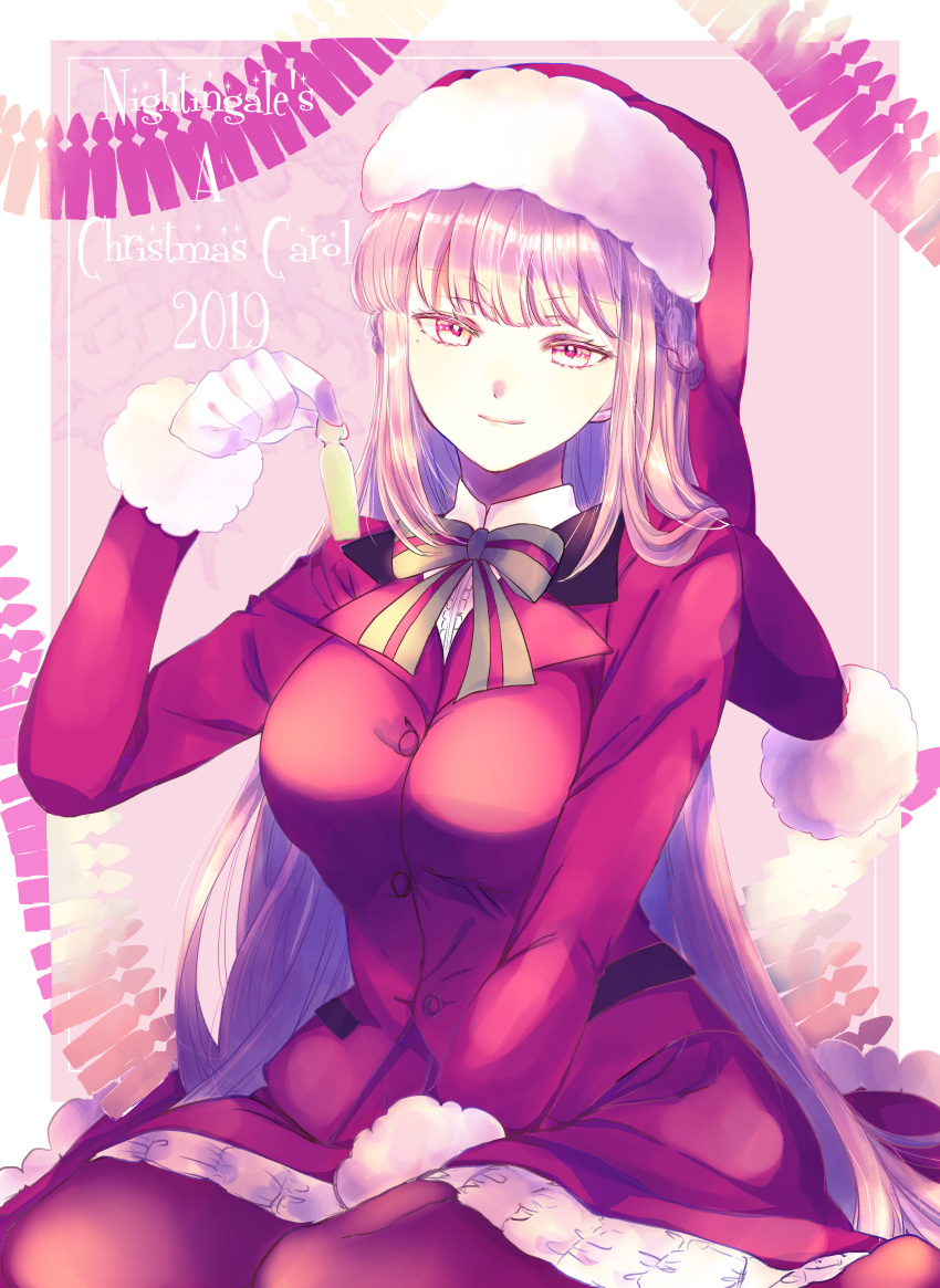 1girl absurdres bow breasts fate/grand_order fate_(series) florence_nightingale_(fate/grand_order) florence_nightingale_santa_(fate/grand_order) fur-trimmed_sleeves fur_trim gloves hat highres huge_filesize large_breasts long_hair pantyhose pink_hair red_eyes santa_hat sitting skirt smile suyo wariza white_gloves