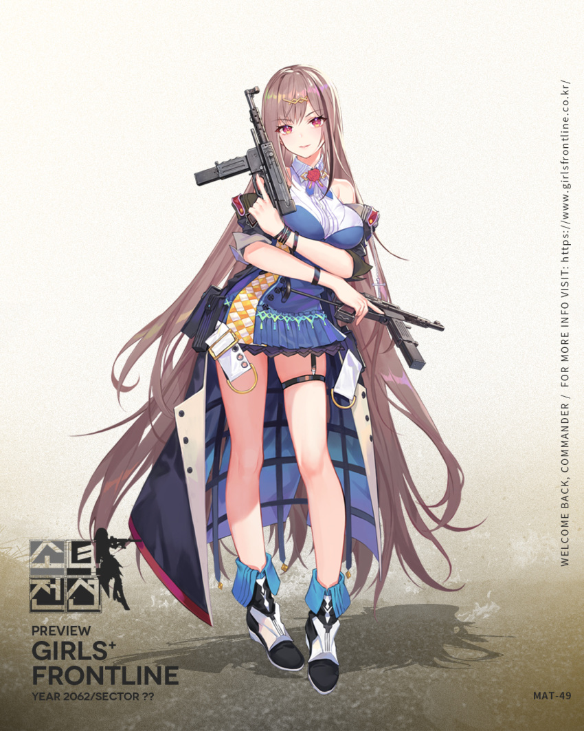 1girl arm_across_waist arm_under_breasts bangs black_hair blue_dress blue_neckwear blush boots breasts closed_mouth coat collared_dress cross dress dual_wielding eyebrows_visible_through_hair flower full_body girls_frontline gun highres holding light_brown_hair long_hair looking_at_viewer mat-49 mat-49_(girls_frontline) multicolored multicolored_eyes multicolored_hair necktie off_shoulder official_art open_clothes open_coat pink_eyes pouch red_flower red_rose rose sidelocks sleeve_cuffs sleeveless sleeveless_dress smile solo streaked_hair submachine_gun thigh_strap thighs trigger_discipline very_long_hair weapon wristband yellow_eyes