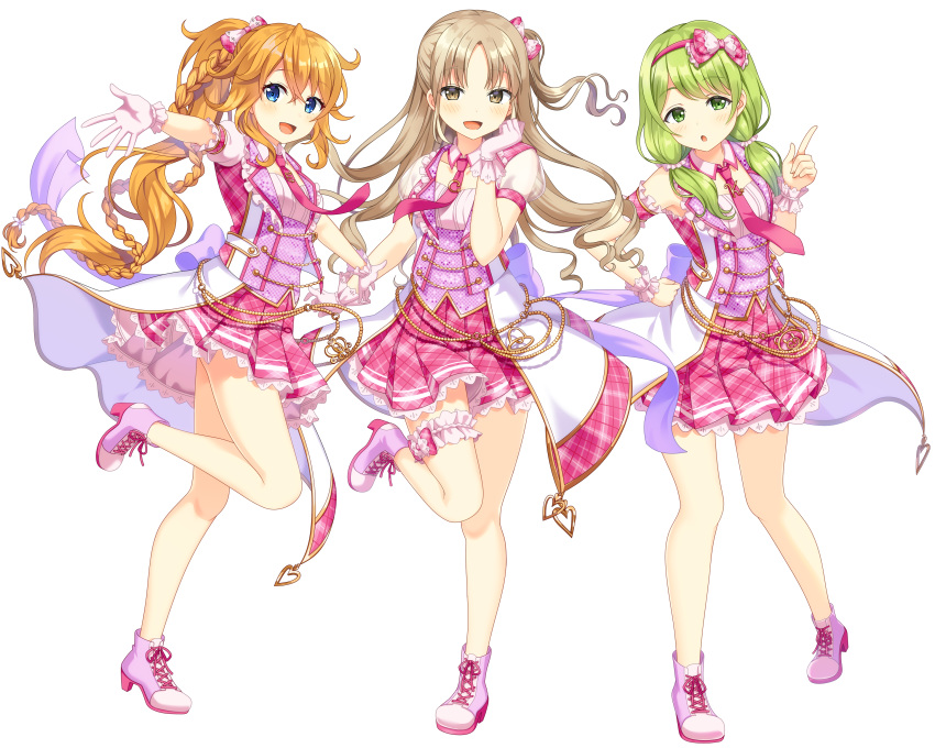 3girls :d :o absurdres bangs blue_eyes blush boots bow brown_eyes brown_hair collarbone commentary_request eyebrows_visible_through_hair gloves green_eyes green_hair hair_between_eyes hair_bow hand_up high_heel_boots high_heels highres index_finger_raised jacket light_brown_hair long_hair matching_outfit morinaka_kazaki multiple_girls necktie nijisanji one_side_up open_clothes open_jacket open_mouth otogibara_era parted_bangs parted_lips paw_gloves paws pink_bow pink_jacket pink_neckwear pink_skirt plaid plaid_jacket plaid_skirt pleated_skirt puffy_short_sleeves puffy_sleeves purple_footwear see-through see-through_sleeves shirt short_sleeves simple_background sister_cleaire skirt sleeveless sleeveless_jacket smile standing standing_on_one_leg very_long_hair virtual_youtuber white_background white_jacket white_shirt wrist_cuffs yuusa