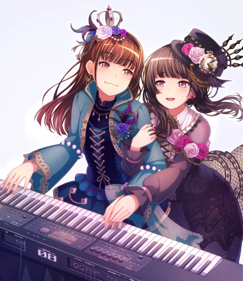 2girls :3 :d akesaka_satomi aqua_jacket bang_dream! bangs black_choker black_dress black_hair black_headwear black_ribbon blue_dress blue_feathers blue_flower blue_rose blush brown_eyes brown_hair choker clock corsage cross-laced_clothes crown dress earrings feathers flower frilled_shirt_collar frills grey_background hair_feathers hairband hand_on_another's_hand hat hat_chain hat_flower hat_ribbon highres hiroki_(yyqw7151) holding_arm instrument jacket jewelry long_sleeves looking_at_another multiple_girls music open_mouth pink_flower pink_rose playing_instrument purple_feathers ribbon roland_(company) rose seiyuu seiyuu_connection shirokane_rinko smile synthesizer violet_eyes