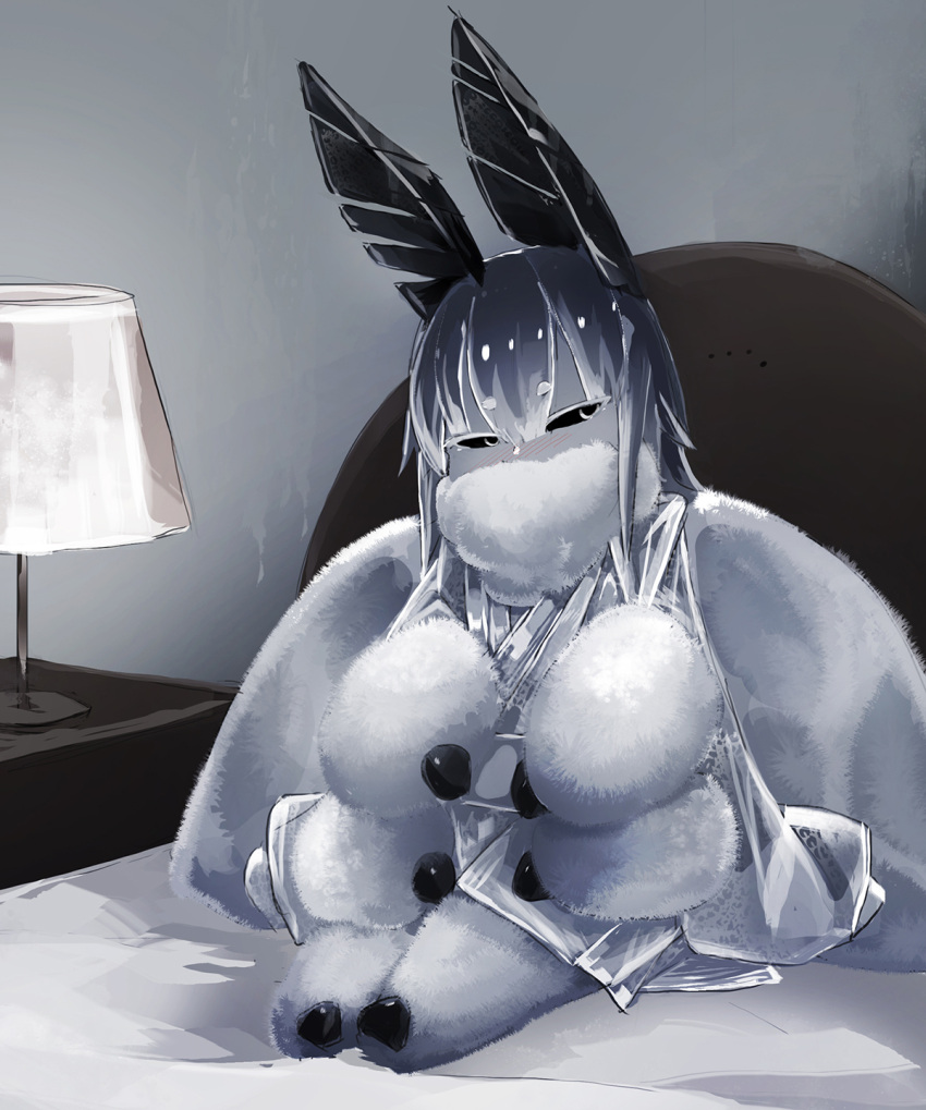 ... 1girl bangs black_sclera diddms1999 full_body fur highres insect_girl insect_wings japanese_clothes lamp looking_away looking_to_the_side monster_girl moth_(diddms1999) moth_ears moth_girl moth_wings on_bed original short_hair sitting table white_eyes wings