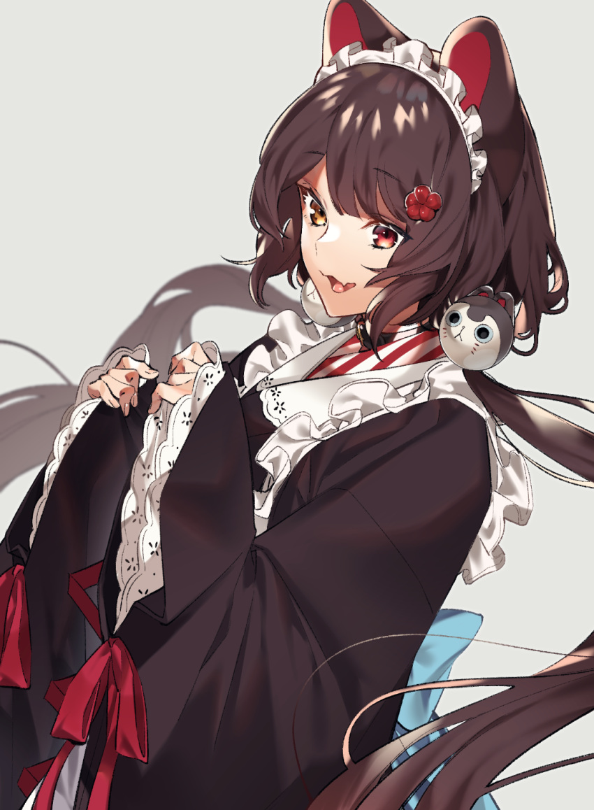 1girl :d animal_ears bangs black_collar blue_bow blurry bow brown_kimono collar cowboy_shot depth_of_field dog_ears dog_girl dog_hair_ornament dutch_angle fang flower hair_flower hair_ornament heterochromia highres inui_toko japanese_clothes kimono long_hair long_sleeves low_twintails maid_headdress nijisanji open_mouth red_eyes red_ribbon ribbon sino42 skin_fang sleeves_past_fingers sleeves_past_wrists smile solo striped twintails virtual_youtuber wa_maid wide_sleeves yellow_eyes